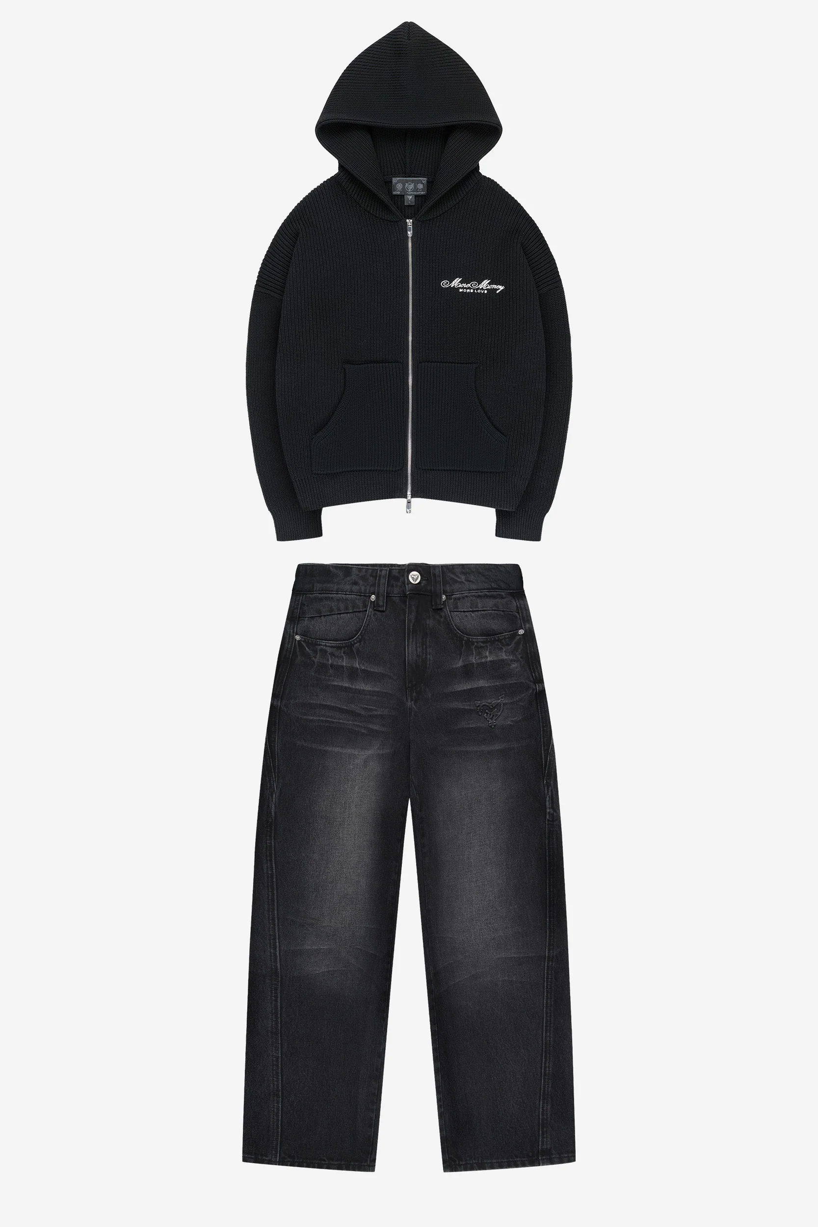 LOGO KNIT ZIP HOODIE BLACK + DISTINCTIVE DENIM BLACK
